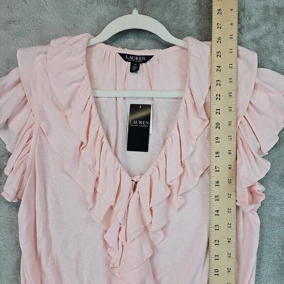 Lauren Ralph Lauren Ruffled Flutter-Sleeve Peplum Top Womens Size L Pink Linen - Picture 9 of 10